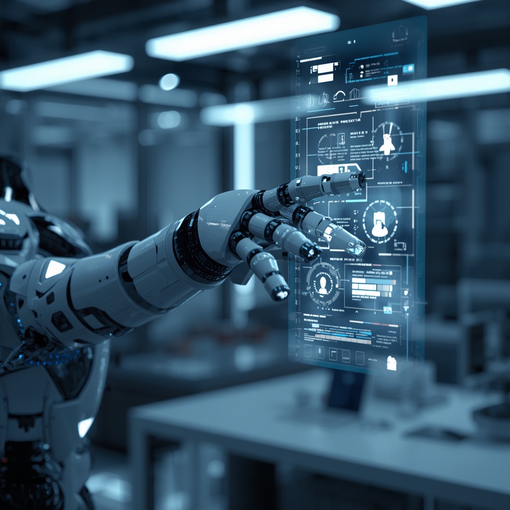 Futuristic robotic arm working with holographic data streams in a modern technology lab, AI automation concept
